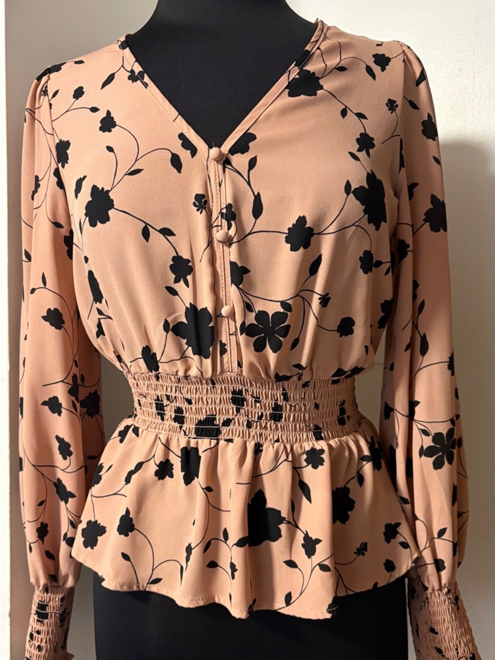 Sienna Sky Black Floral Smocked Peplum Blouse on Blush
